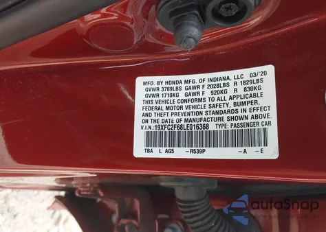 2020 Honda Civic Lx z USA, uszkodzony, nr VIN 19XFC2F68LE016368